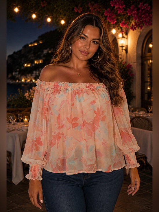 LC Lauren Conrad Tops - LC Lauren Conrad Peach Pink Floral Off-Shoulder Blouse